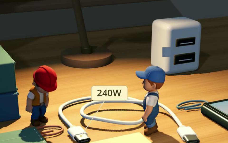 「240W」と表示されたUSB-Cケーブルの両側に立つポッケとルーペ、奥に充電器がある3DCGの図