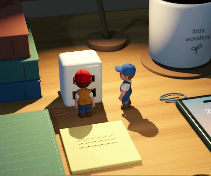 ポッケが充電器の2つの差し込み口をのぞき込み、ルーペが横で見ている3DCGの図